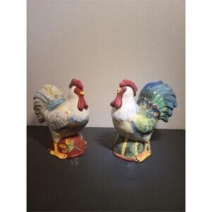 Colorful Glazed Ceramic Rooster Hen S&P Shakers Cottage Core French Providential